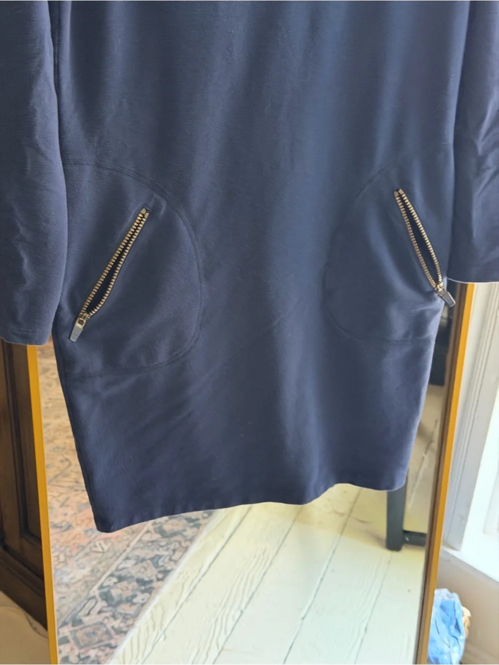 Athleta Navy Long-Sleeve V-Neck Sweatshirt Dress with Zip Pockets